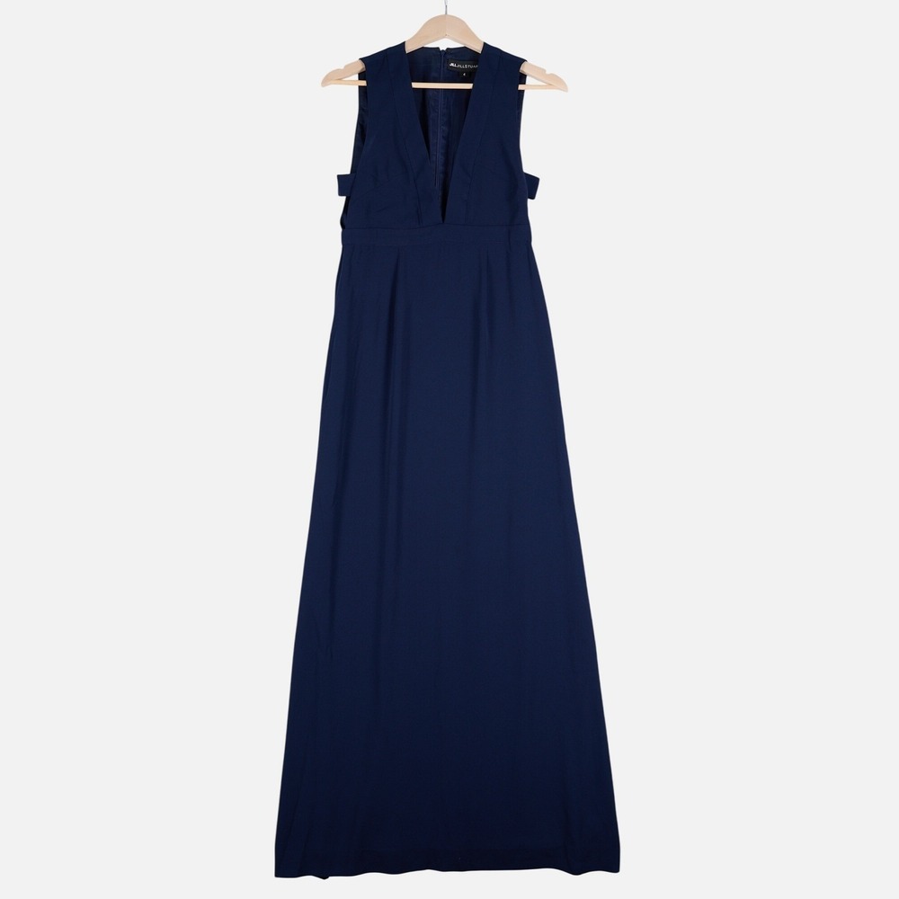 Jill Jill Stuart Maxi Gown Dress Navy Blue Deep V-Neck Side Cut-Out Size 4